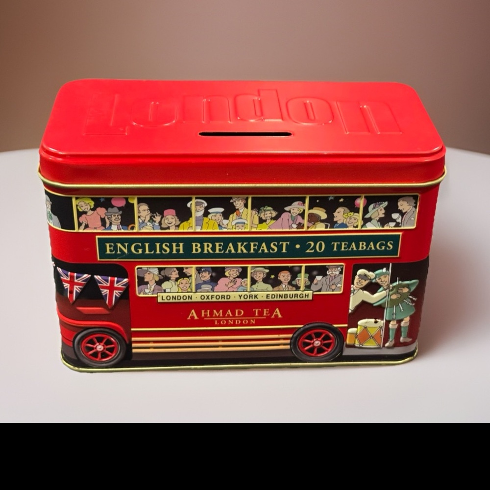 Ahmad Tea English Breakfast Vintage Empty Tin Double Decker Bus or Coin Bank
